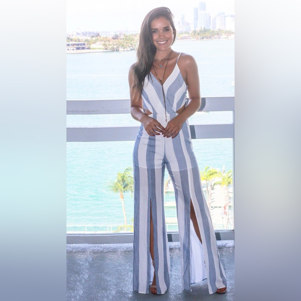 DENIM BLUE STRIPED JUMPSUIT WITH WAIST CUT OUT 
NWT